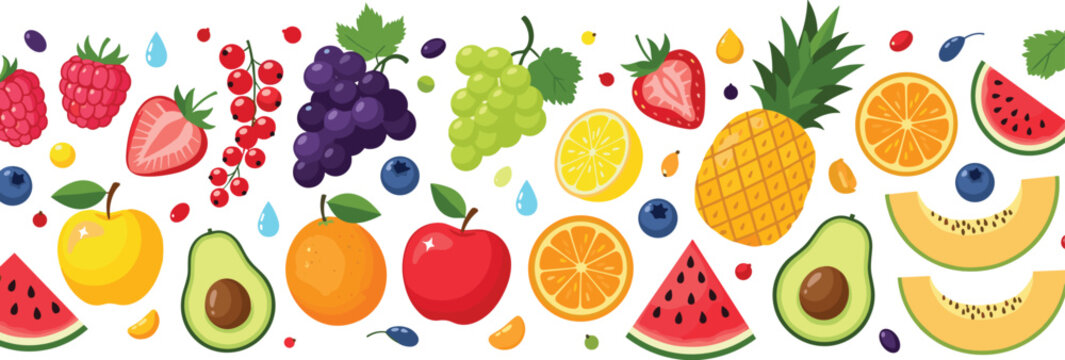 Colorful Mixed Fruit Collection with Watermelon Pineapple Grapes Citrus Berries Apple and Avocado Fresh Organic Flat Illustration Set