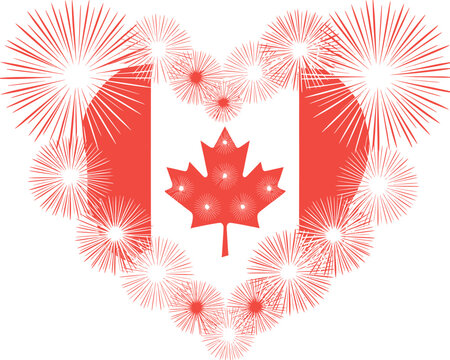 Canadian flag heart shape with fireworks and maple leaf symbol