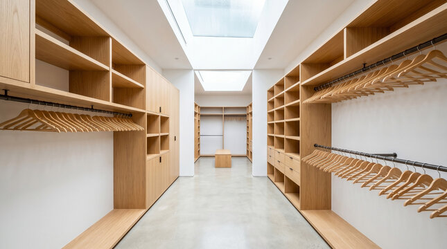 Modern Walk-in Closet Interior with Wooden Shelves and Skylights