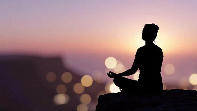 Silhouette of a person meditating in lotus pose on a cliff at sunset, calm atmosphere, yoga, mindfulness, spiritual practice, relaxation, peaceful, serene, outdoor