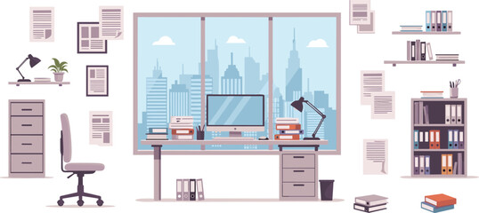 Fototapeta premium Modern office workspace vector illustration with desk computer chair bookshelf and city skyline view through the window for business backgrounds.