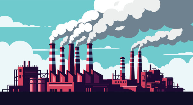 Industrial factory complex with many tall smokestacks releasing thick plumes of white smoke into the atmosphere under a cloudy sky.