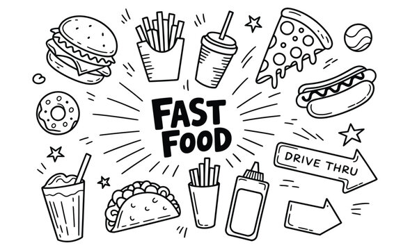 doodle fast food icons featuring pizza, burgers, and soda, fun cartoon style snack collection with expressive line art, simple monochrome food symbols for cafe menus, delivery apps