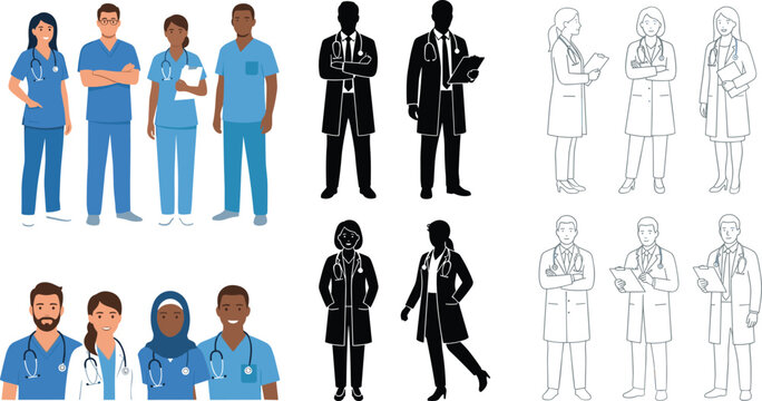Diverse healthcare professionals set doctors and nurses characters medical staff collection in uniform flat vector illustration