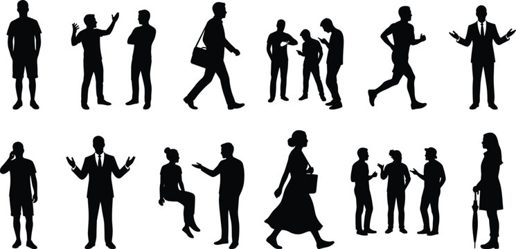 People silhouettes collection men and women walking talking running and standing diverse poses vector illustration set