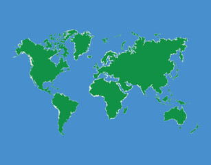 Obraz premium Green world map with torn paper style edges on blue background. Professional vector illustration for global travel, ecology, and geography projects. Fully editable EPS file. World Map Vector art.