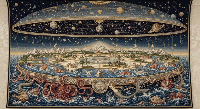 Ancient Celestial Tapestry Depicting Creation and Cosmos