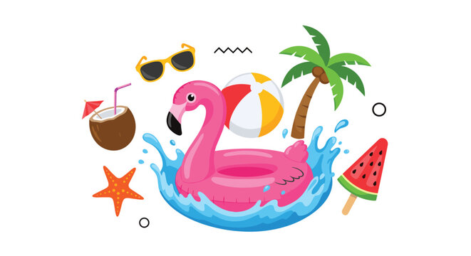 Summer beach icons collection with pink flamingo float and tropical elements like palm tree and coconut in vibrant flat style.