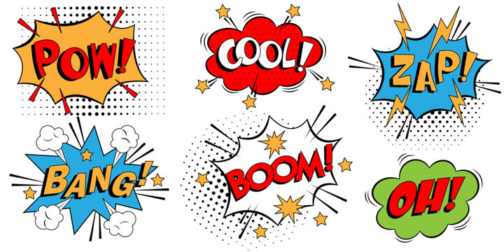 set of cartoon clouds with emotional exclamations is drawn in a flat style. bright comic elements decorate the message. stock vector illustration. EPS 10.