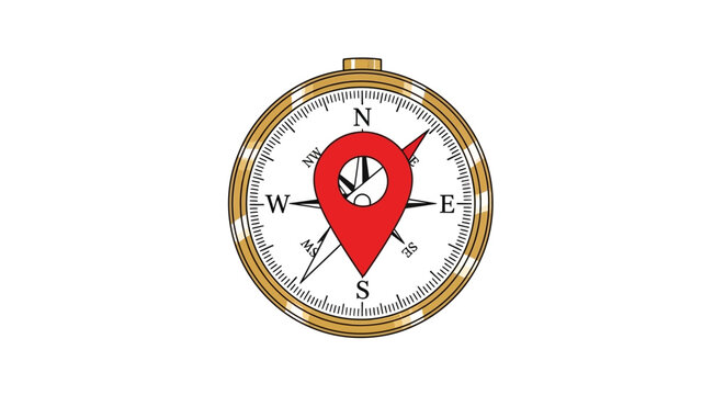 Navigation compass icon with a red map pointer
