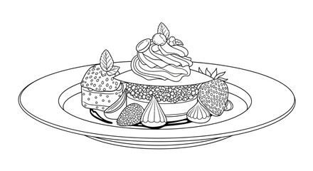 Outline drawing of gourmet dessert with berries and whipped cream © Nur