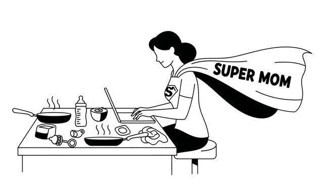 Illustration of a super mom multitasking with a laptop while cooking and managing home