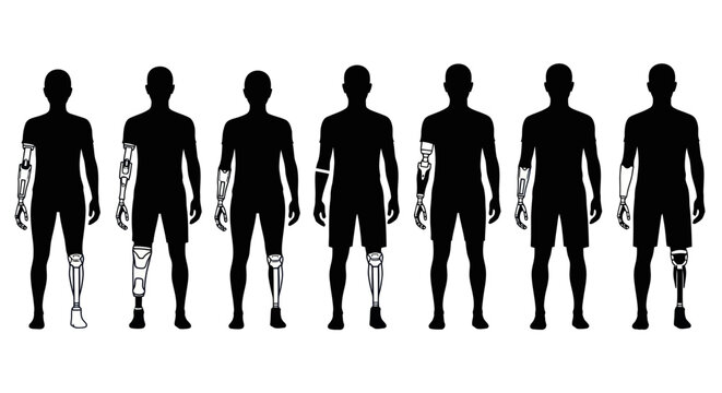Row of male silhouettes with different prosthetic arms and legs on white background