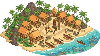 Tropical island village vector illustration, indigenous tribal settlement with bamboo huts and palm trees, coastal community with outrigger boats and volcano © xantii