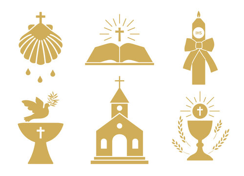 golden set of baptism related icons: baptismal font, shell, candle, chalice, church and bible- vector illustration
