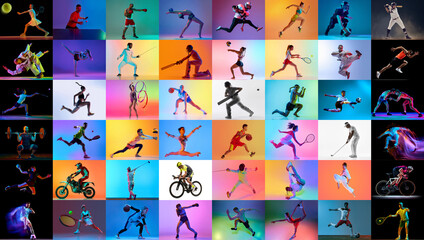 Fototapeta premium Grid composition of athletes across many sports on bright backgrounds. Concept of diversity fitness and movement. Ideal for media, education and commercial sport content.