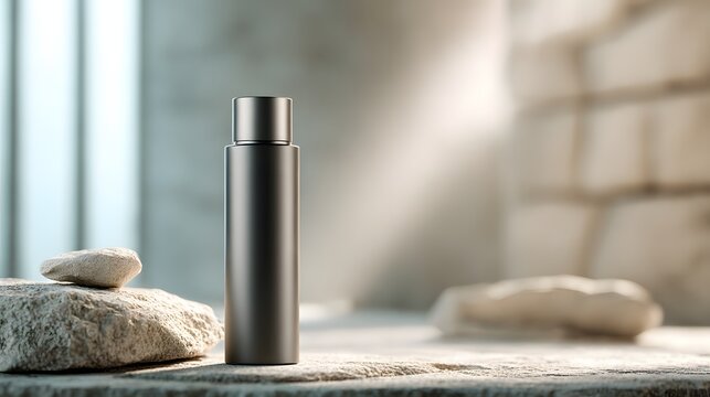 Luxury gray product bottle on minimalist workspace