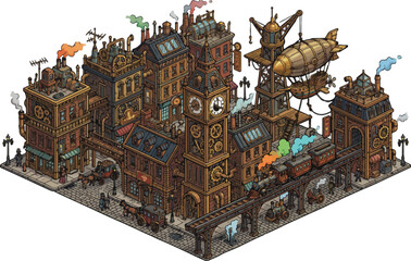Steampunk industrial city vector illustration, isometric Victorian town with clock tower and airship, retro futuristic urban landscape with steam train © xantii