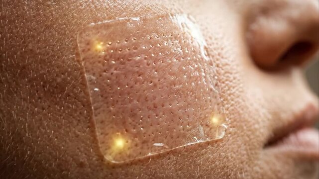 Cinematic close up of a futuristic smart microneedle skincare patch glowing green and dissolving into a woman's face for skin repair