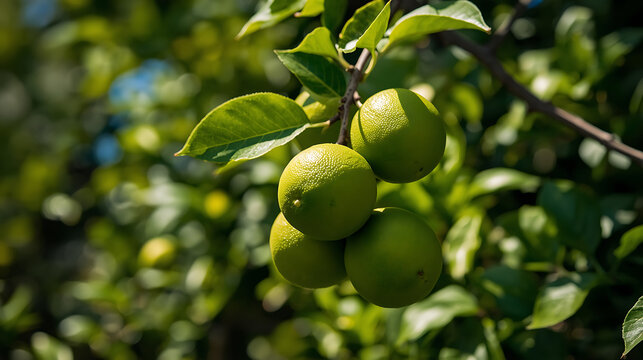 The image displays unripe green lemons or limes growing on a citrus tree branch