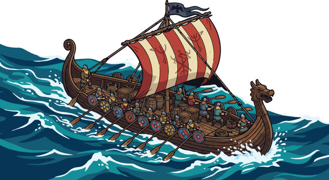 Viking longship sailing on rough ocean waves, wooden drakkar boat with red striped sail, ancient norse galley with dragon head and warriors