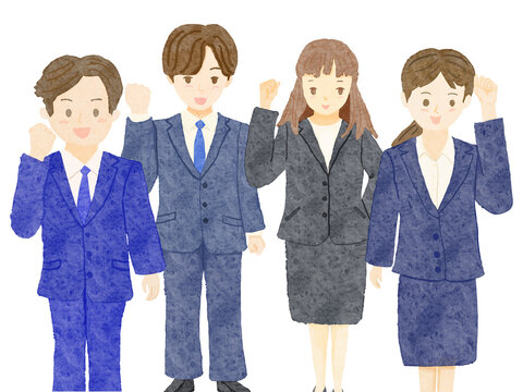 先輩社員と新入社員がガッツポーズしている4人のイラスト