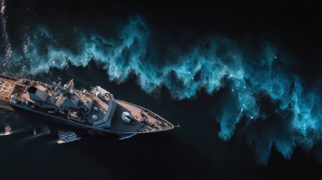 Military warship sailing on ocean, defense and navy concept, maritime security, military technology.
