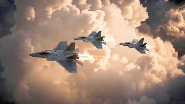 Squadron of stealth fighter jets flying through dramatic clouds at sunset. Military aircraft formation performing aerial maneuvers in golden hour sky. Panning and tilting camera movement.