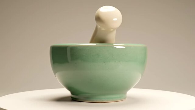 Ceramic mortar and pestle on a white surface, essential kitchen tool