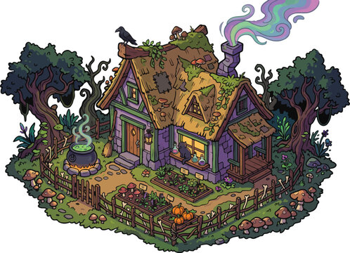 Whimsical witch cottage vector illustration, spooky enchanted forest house with magic cauldron, mystical fantasy hut in autumn woods