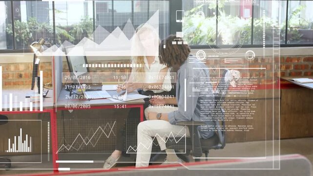 Woman opening folder, pointing as HUD shifting over red desk while man scrolling phone for business