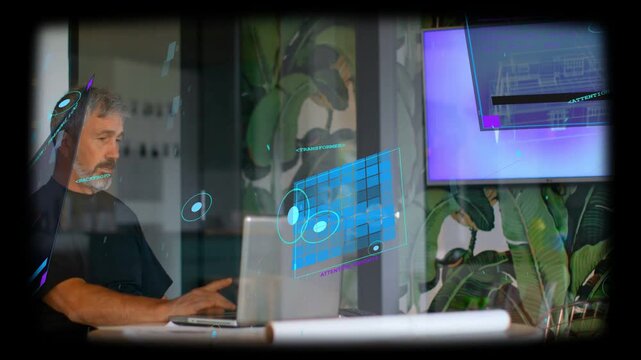 laptop typing activating UI panels drifting over desk, man analyzing purple schematics for design