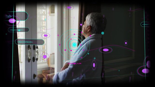 Overlay appearing, activating tech UI, Senior woman pulling robe, folding arms, gazing out door