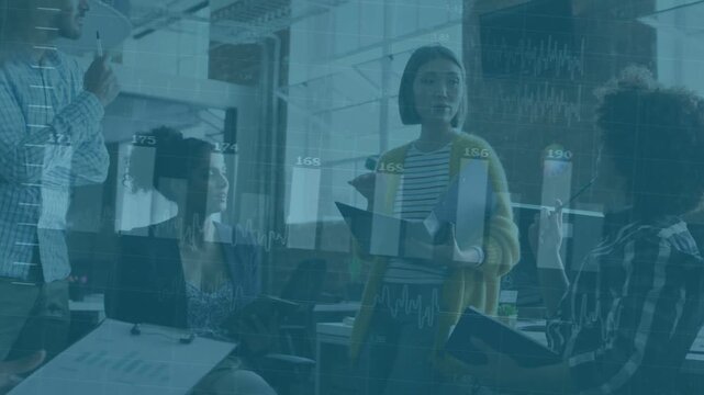 Lead with folder speaking and gesturing causing bars sliding in labels showing settling in business