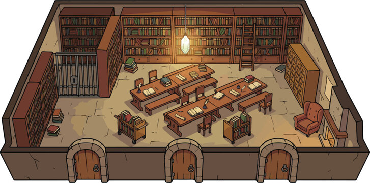 Isometric medieval library interior vector, fantasy academy study hall with wooden bookshelves, ancient archive room with long tables and benches