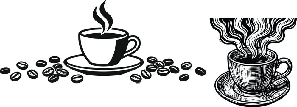 Black and white vector illustration of two coffee cups with rising steam and scattered beans in artistic contrasting styles