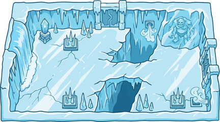 Frozen ice dungeon game level background, winter cavern interior with icicles and crystal, cartoon fantasy arctic cave environment vector © xantii
