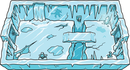 Frozen ice cave interior vector, arctic winter dungeon game background, blue glacial cavern with icicles and snow, fantasy frost environment © xantii