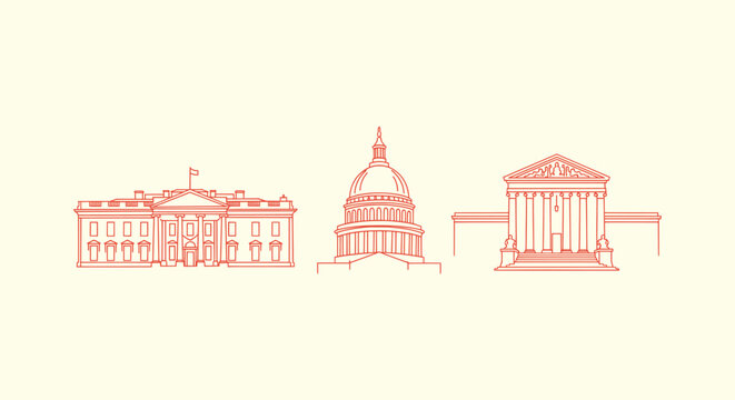 Red Line Illustration of United States Government Buildings White House Capitol and Supreme Court