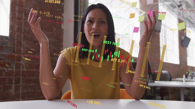 Woman reacting to finance overlays over hands gesturing and explaining charts percentages SELL or LO