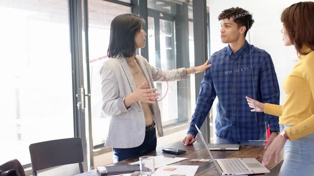Left woman opening business meeting with gestures, team listening, animated notes marking laptop