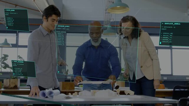 Design lead unfolding plans as HUD overlays appearing, colleagues leaning in approving prototype