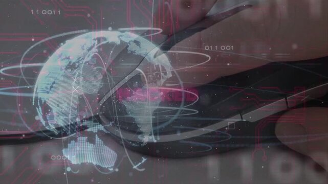 Adult hand adjusting and clicking mouse, hologram globe spinning and HACKED flashing signaling hack
