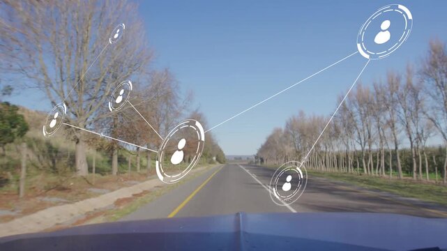 HUD overlay growing from left node appearing, linking nodes over glass as car moving showing links