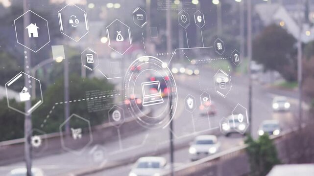 AR tech HUD appearing on start over traffic, pulsing laptop hub, visualizing data, dimming receding
