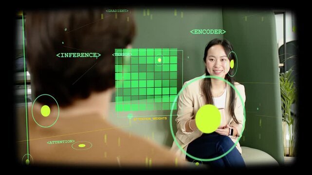 Woman holding mug and gesturing, initiating tech HUD overlapping torso and visualizing INFERENCE