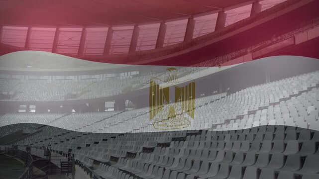 Empty stadium stands staying fixed while flag cresting rippling, centering eagle emblem for sports