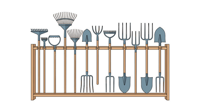 Collection of various garden tools including rakes shovels and pitchforks neatly arranged on a wooden rack for gardening and farming.