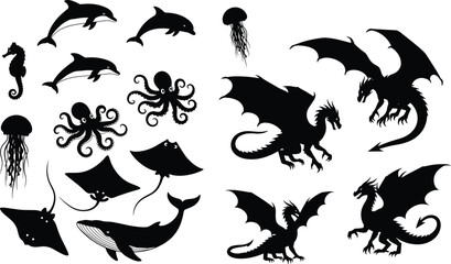 Marine animals and fantasy dragon silhouettes collection including dolphins octopus jellyfish rays and winged creatures isolated black vector set © Tanzila