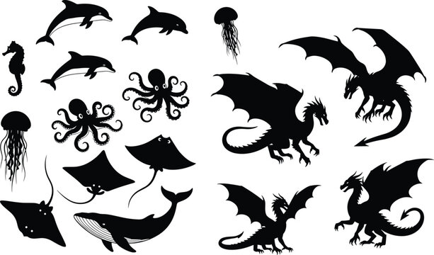 Marine animals and fantasy dragon silhouettes collection including dolphins octopus jellyfish rays and winged creatures isolated black vector set